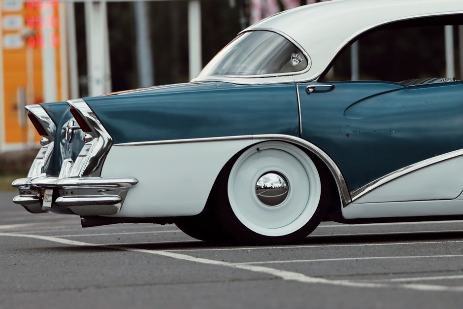 Elegant vintage car with blue and white design in Jönköping, Sweden.